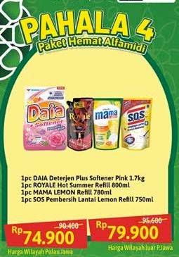 DAIA Detergen Plus Softener Pink + ROYALE Hot Summer + MAMA LEMON Pencuci Piring + SOS Pembersih Lantai Lemon