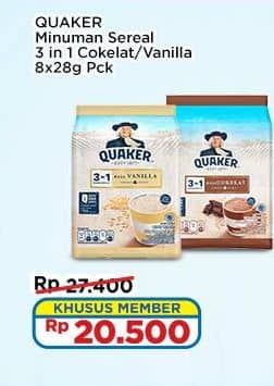 Promo Harga Quaker Oatmeal 3in1 Cokelat, 3in1 Vanilla per 8 pcs 28 gr - Indomaret