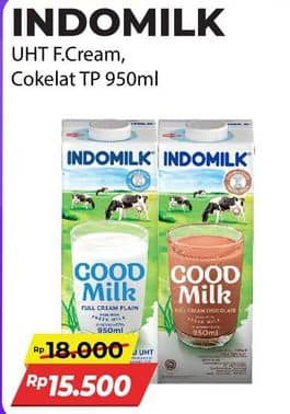 Promo Harga Indomilk Susu UHT Full Cream Plain, Cokelat 950 ml - Alfamart