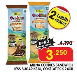 Promo Harga Milna Cookies Sandwich Less Sugar Cokelat, Keju 24 gr - Superindo