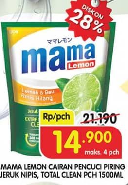 Promo Harga Mama Lemon Cairan Pencuci Piring Jeruk Nipis, Total Clean 1500 ml - Superindo
