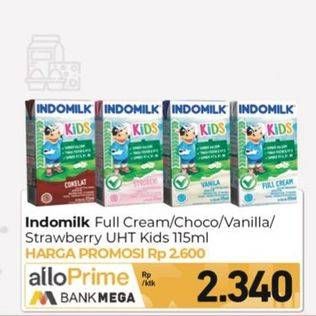 Promo Harga Indomilk Susu UHT Kids Full Cream, Cokelat, Vanila, Stroberi 115 ml - Carrefour