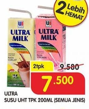 Promo Harga ULTRA MILK Susu UHT Coklat, Stroberi 200 ml - Superindo