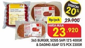 Promo Harga 365 Burger, Sosis Sapi 12's 400 g/Daging Asap 13's 230 g  - Superindo