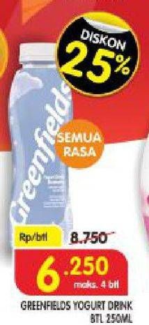 Promo Harga GREENFIELDS Yogurt Drink All Variants 250 ml - Superindo