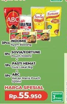 Indomie Mie Kuah + Sovia/Fortune Minyak Goreng + Pasti Hemat Gula Lokal + ABC Kecap Manis