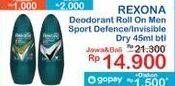 Promo Harga Rexona Men Deo Roll On Invisible Dry, Sport Defence 45 ml - Indomaret