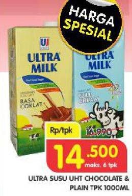 Promo Harga ULTRA MILK Susu UHT Chocolate, Plain 1000 ml - Superindo