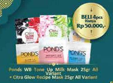 Promo Harga PONDS White Beauty Instabright Tone Up Milk Mask/CITRA Glow Recipe Juicy Sheet Mask  - Hypermart