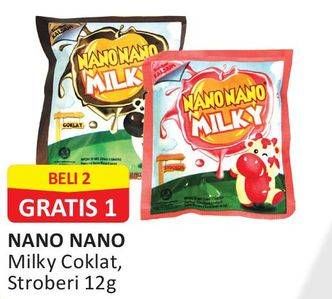 Promo Harga NANO NANO Milky Candy Coklat, Strawberry 12 gr - Alfamart