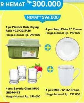 Promo Harga Plastic Dish Drying Rack + Soup Plate 4s + Bavaria Mug 4s + Mug 12 Oz 4s  - Carrefour