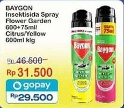 Promo Harga Baygon Insektisida Spray Flower Garden, Citrus Fresh, Yellow Fresh Scent 600 ml - Indomaret