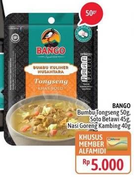 Promo Harga BANGO Bumbu Kuliner Nusantara Nasi Goreng Kambing Khas Jakarta, Soto Betawi Khas Jakarta, Tongseng Khas Solo 40 gr - Alfamidi