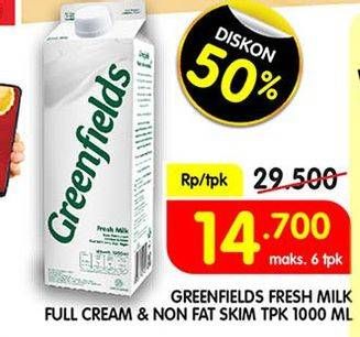 Promo Harga GREENFIELDS Fresh Milk Full Cream, Skimmed Milk 1000 ml - Superindo