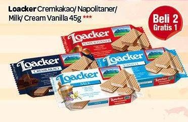 Promo Harga LOACKER Wafer Susu Cream Kakao, Napolitaner, Milk, Cream Vanilla 45 gr - Carrefour