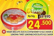 Promo Harga NISSIN Biscuit Duo Butter Coconut & Honey 345gr/Lemonia Twist Lemon & Chocolate 360gr  - Superindo