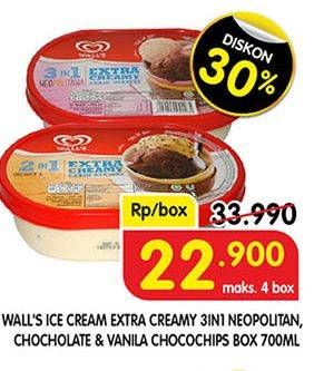 Promo Harga WALLS Ice Cream Chocolate Vanilla With Chocolate Chip, Neopolitana 700 ml - Superindo