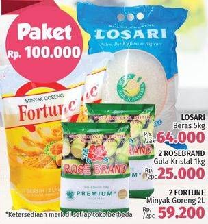 Promo Harga Paket 100rb ( Losari Beras 5kg + Rose Brand Gula Kristal + Fortune Minyak Goreng)  - LotteMart