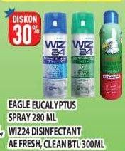 Promo Harga EAGLE Eucalyptus Spray 280ml, Wiz24 Disinfectant Air Fresh Clean 300ml  - Hypermart