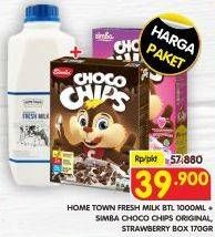 HOME TOWN Fresh Milk Btl 1000ml + SIMBA Choco Chips Original, Strawberry Box 170gr
