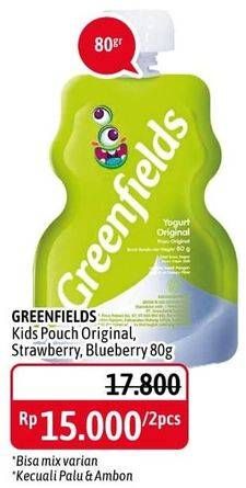 Promo Harga GREENFIELDS Yogurt Squeeze Blueberry, Strawberry, Original 80 gr - Alfamidi