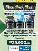 Promo Harga Garnier Men Turbo Light Oil Control Facial Foam 3in1 Charcoal, Anti Blackheads Brightening Icy Scrub, Super Duo Whitening + Oil Control 100 ml - Indomaret
