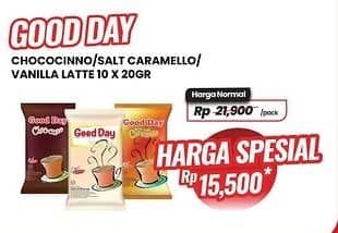 Promo Harga Good Day Instant Coffee 3 in 1 Chococinno, Rock Salt Caramello, Vanilla Latte per 10 sachet 20 gr - Carrefour