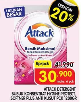 Promo Harga Attack Detergent Powder Hygiene Plus Protection, Plus Softener 1200 gr - Superindo