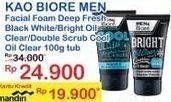 Promo Harga BIORE MENS Facial Foam Double Scrub Deep Fresh, Bright Oil Clear, Double Scrub Cool Oil Clear 100 gr - Indomaret