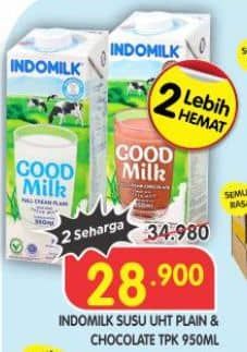 Promo Harga Indomilk Susu UHT Full Cream Plain, Cokelat 950 ml - Superindo