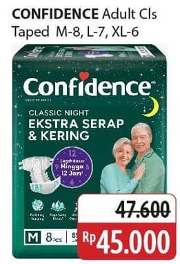 Promo Harga Confidence Adult Classic Night Ekstra Serap & Kering L7, M8, XL6 6 pcs - Alfamidi