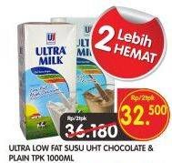 Promo Harga ULTRA MILK Susu UHT Chocolate, Plain per 2 pcs 1000 ml - Superindo