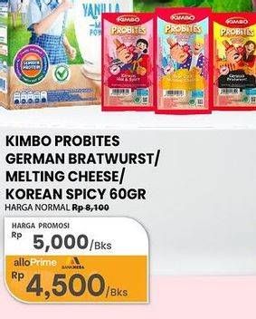 Promo Harga Kimbo Probites Original German Bratwurst, New York Melting Cheese, Korean Hot Spicy 60 gr - Carrefour