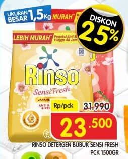 Promo Harga Rinso Anti Noda Deterjen Bubuk Sensi Fresh Extra Lembut 1500 gr - Superindo