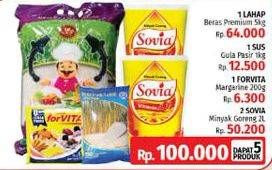 Promo Harga SOVIA Minyak Goreng 2s + LAHAP Beras + FORVITA Margarine + SUS Gula Pasir  - LotteMart