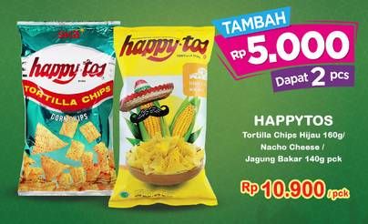 Promo Harga HAPPY TOS Tortilla Chips Nacho Cheese, Jagung Bakar/Roasted Corn, Hijau 140 gr - Indomaret
