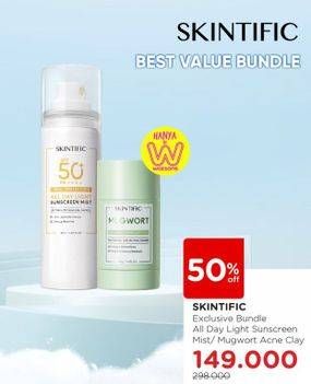Promo Harga Exclusive Bundle Skintific All Day Light Sunscreen Mist SPF 50 PA++++/Skintific Mugwort Anti Pores & Acne Clay Stick  - Watsons