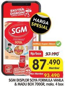 Promo Harga SGM Eksplor Soya 1-5 Susu Pertumbuhan Madu, Vanila 700 gr - Superindo