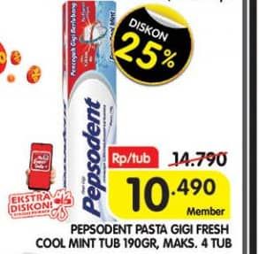 Promo Harga Pepsodent Pasta Gigi Pencegah Gigi Berlubang Fresh Cool Mint 190 gr - Superindo