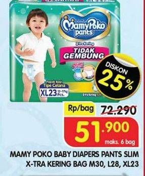 Promo Harga Mamy Poko Pants Xtra Kering Slim Tidak Gembung L28, M30, XL23 23 pcs - Superindo