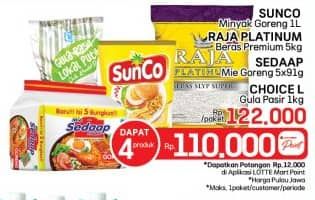 Promo Harga Sunco Minyak Goreng + Raja Platinum Beras + Sedaap Mie Goreng + Choice L Gula Pasir  - LotteMart