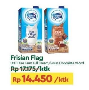 Promo Harga Frisian Flag Susu UHT Purefarm Full Cream, Swiss Chocolate 946 ml - TIP TOP