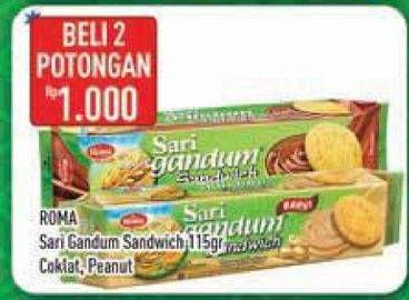 Promo Harga ROMA Sari Gandum Coklat, Peanut per 2 pouch 115 gr - Hypermart