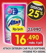Promo Harga ATTACK Detergent Liquid Plus Softener, Hygiene + Protect 800 ml - Superindo