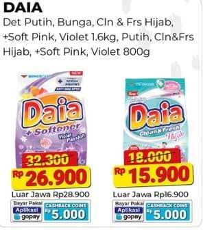 Promo Harga Daia Deterjen Bubuk Putih, Clean Fresh Hijab, + Softener Pink, + Softener Violet 850 gr - Alfamart