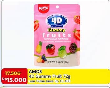 Promo Harga Amos 4D 3D+Delicious Candy Gummy Fruits 72 gr - Alfamart