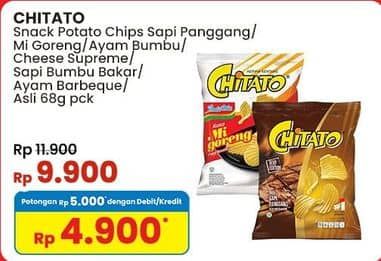 Promo Harga Chitato Snack Potato Chips Sapi Panggang Beef Barbeque, Mi Goreng, Ayam Bumbu Spicy Chicken, Keju, Rasa Asli (Original), Ayam Barbekiu, Potato Spicy Griller Beef 68 gr - Indomaret