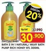 Promo Harga ZWITSAL Natural Baby Bath Natural, Milk Honey 300 ml - Superindo