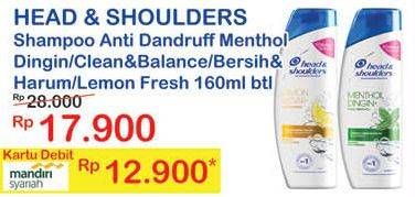 Promo Harga HEAD & SHOULDERS Shampoo Cool Menthol, Clean Balanced, Lemon Fresh 160 ml - Indomaret