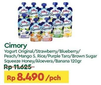 Promo Harga Cimory Squeeze Yogurt Original, Strawberry, Blueberry, Peach, Mango Sticky Rice, Purple Taro, Brown Sugar, Honey, Aloe Vera, Cavendish Banana 120 gr - TIP TOP